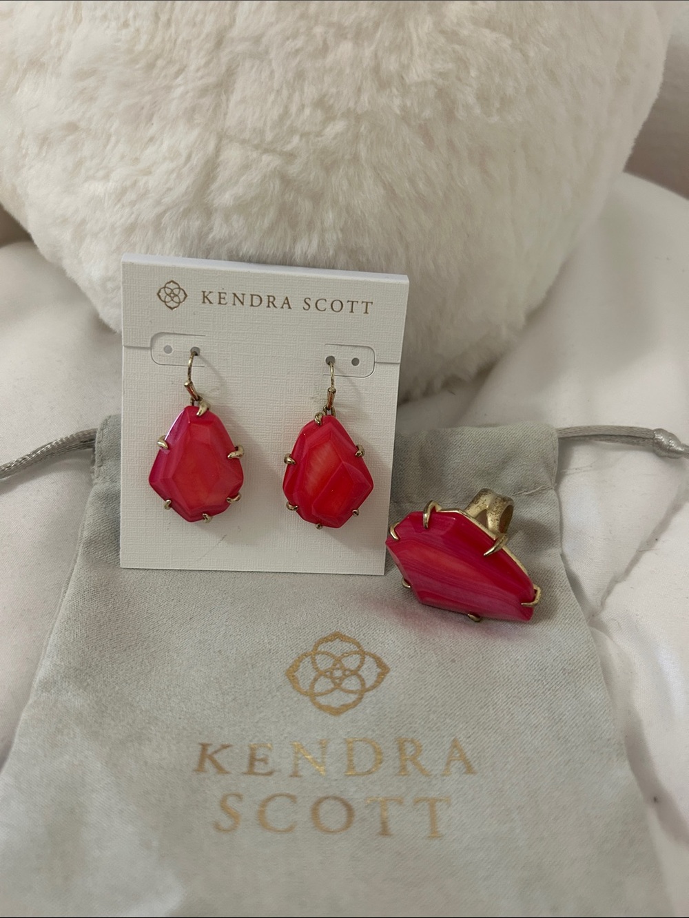 Kendra Scott Alex Drop Earrings & Statement Ring in Hot Pink Banded Agate